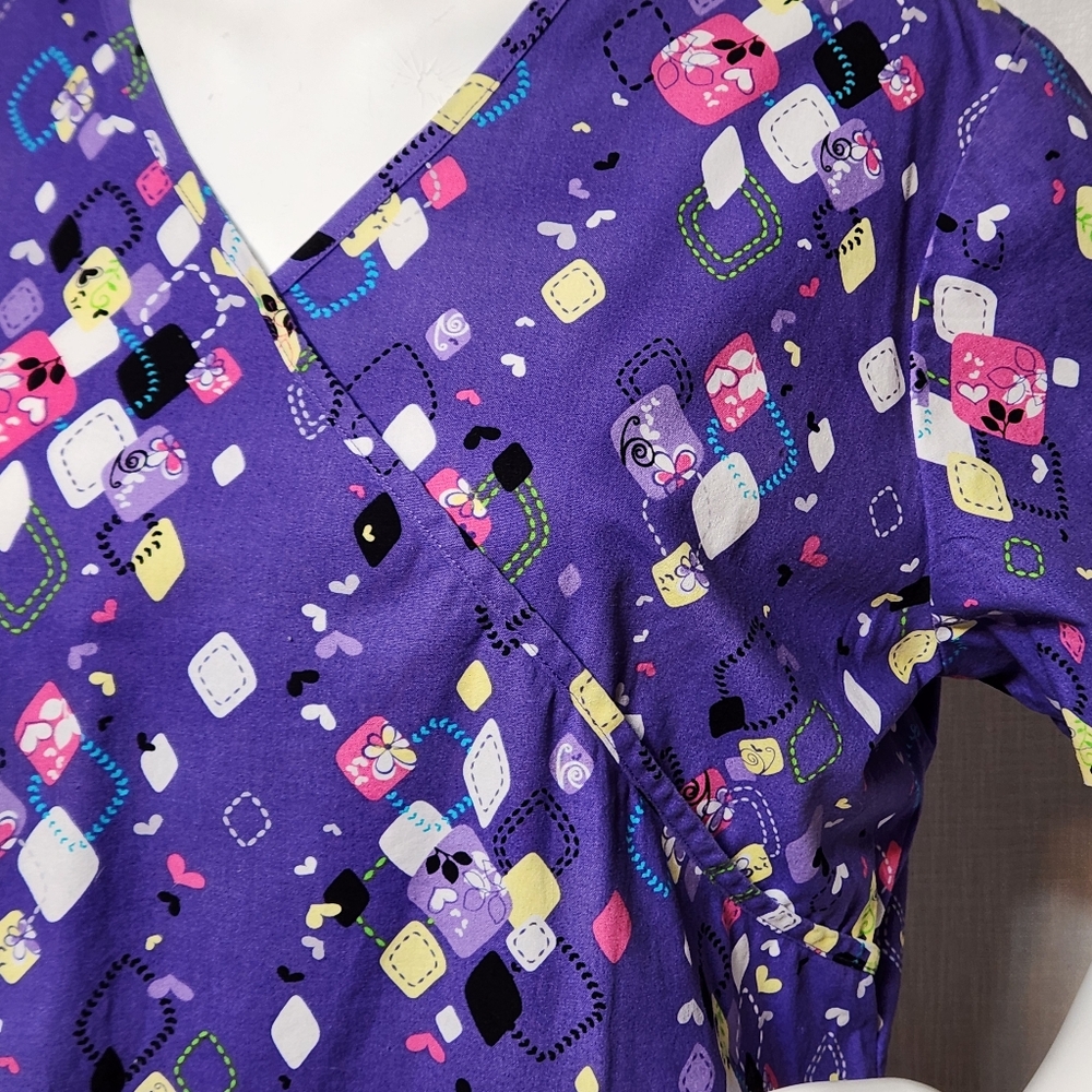 SB Scrubs Confetti Purple V Neck Scrub Top Cotton Medical Large - Picture 8 of 10